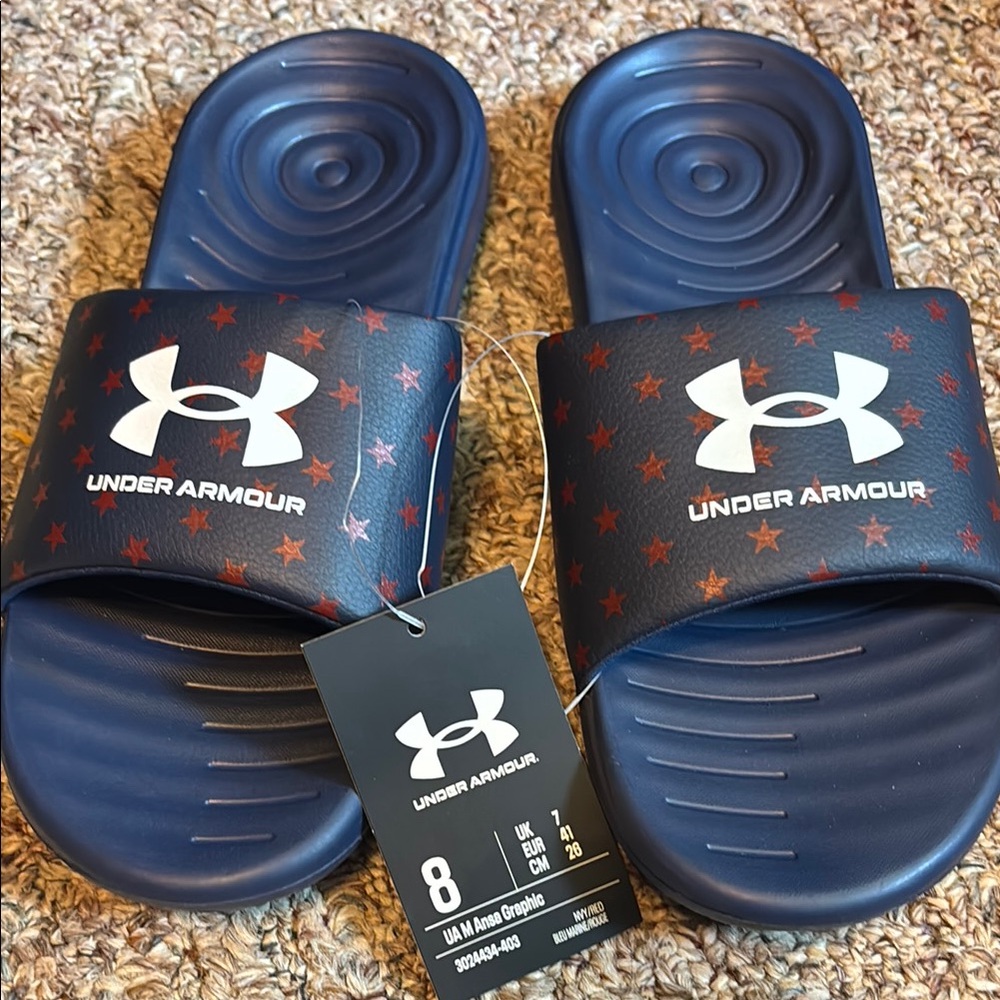 New Under Armour Red Star Navy Blue Slide Sandals Men 8 USA